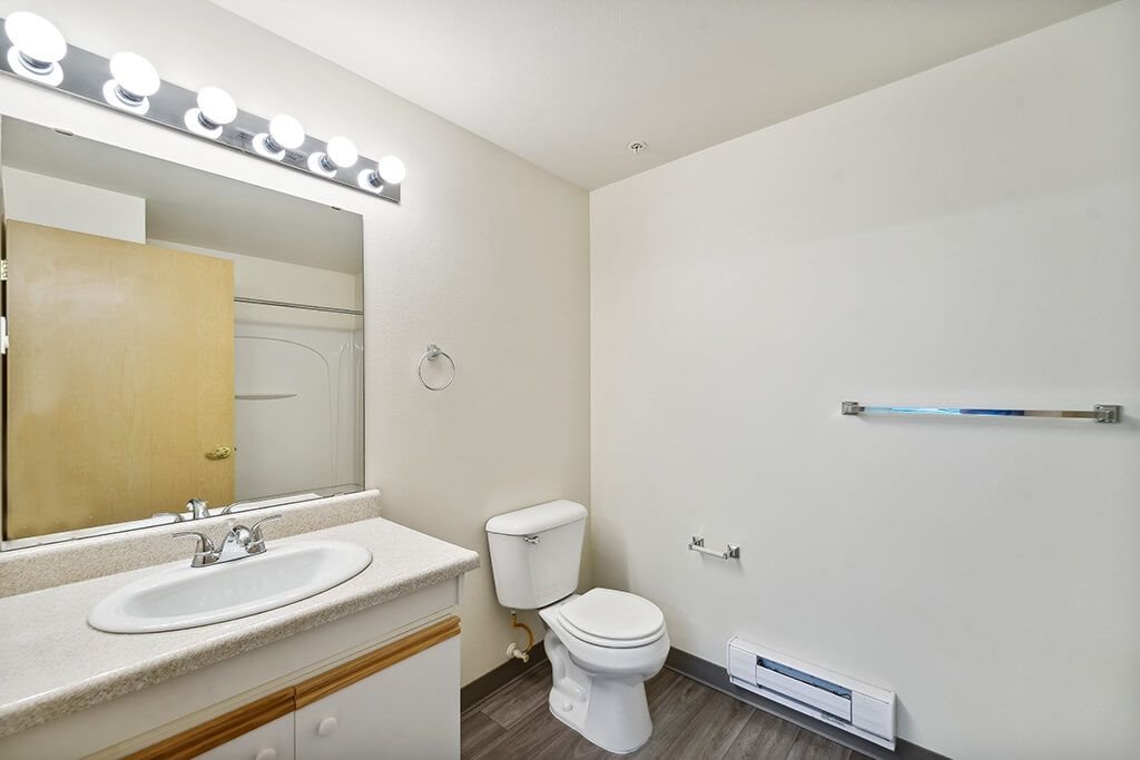 A bathroom with a toilet, sink, mirror, and lights.